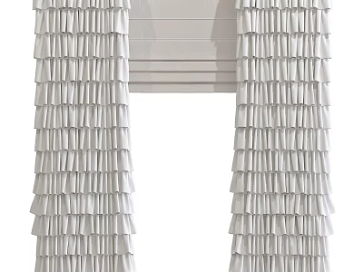 Elegant White Ruffled Layered Curtains With Side Panels And Window Blinds 3d model