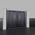 Chinese Style Double Leaf Black Security Door with Golden Circular Patterns and White Pillars 3d model