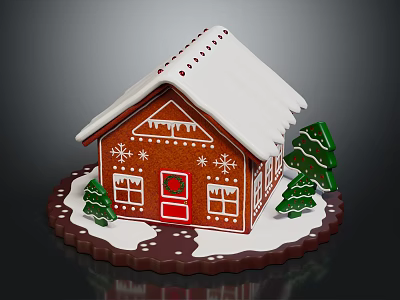Festive Gingerbread House With Snowy Roof Red Door Snowflake Windows And Christmas Trees 3d model