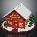 Festive Gingerbread House With Snowy Roof Red Door Snowflake Windows And Christmas Trees