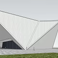 Modern Geometric Library Building With White Aluminum Facade Grass And Trees