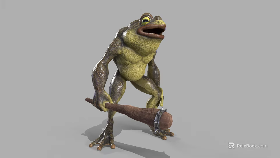 Funny Anthropomorphic Cartoon Frog Holding Wooden Hammer in Standing 3D Render 3d model 