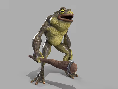 Funny Anthropomorphic Cartoon Frog Holding Wooden Hammer in Standing 3D Render 3d model
