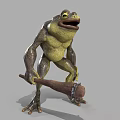 Funny Anthropomorphic Cartoon Frog Holding Wooden Hammer in Standing 3D Render