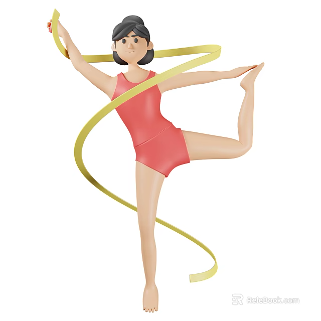 Woman Performing Rhythmic Gymnastics With Yellow Ribbon In Red Leotard Balancing On One Leg 3d model 
