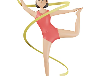 Woman Performing Rhythmic Gymnastics With Yellow Ribbon In Red Leotard Balancing On One Leg 3d model