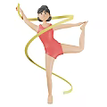Woman Performing Rhythmic Gymnastics With Yellow Ribbon In Red Leotard Balancing On One Leg