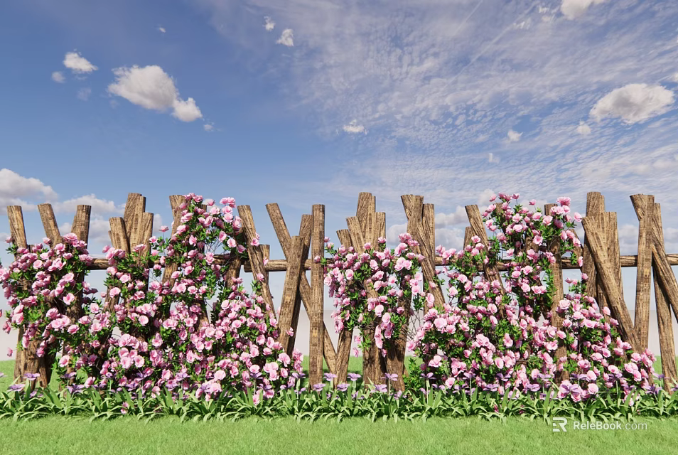 Outdoor Living Wall With Wooden Fence Covered In Pink Flowers And Green Foliage 3d model 