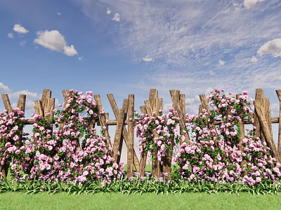 Outdoor Living Wall With Wooden Fence Covered In Pink Flowers And Green Foliage 3d model