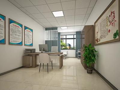 Modern Office Interior with Wall Posters Wooden Desk Computer Chair Window and Green Plant 3d model