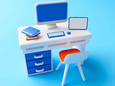 Modern Home Office Desk Setup Featuring Monitor Keyboard Notebook Orange Chair And Blue Drawers 3d model