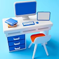 Modern Home Office Desk Setup Featuring Monitor Keyboard Notebook Orange Chair And Blue Drawers