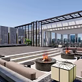 Open air Rooftop Garden With Glass Structure Fire Pit Sofas Stone Wall Steps And City View