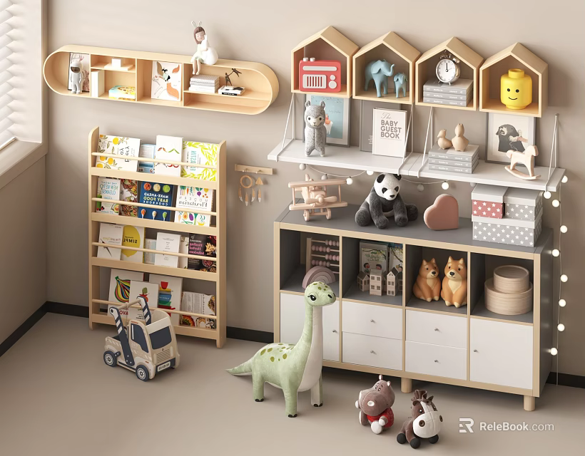 Kids Wooden Storage Shelves With Toys Books And Decorative Items In Playful Room 3d model 