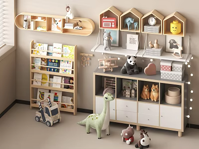 Kids Wooden Storage Shelves With Toys Books And Decorative Items In Playful Room 3d model