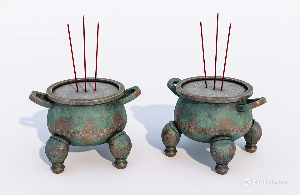 Two Bronze Colored Incense Burners Decorative Ornament Set With Legs Handles And Incense Sticks 3d model 