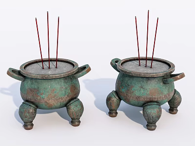 Two Bronze Colored Incense Burners Decorative Ornament Set With Legs Handles And Incense Sticks 3d model