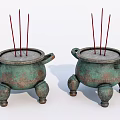Two Bronze Colored Incense Burners Decorative Ornament Set With Legs Handles And Incense Sticks