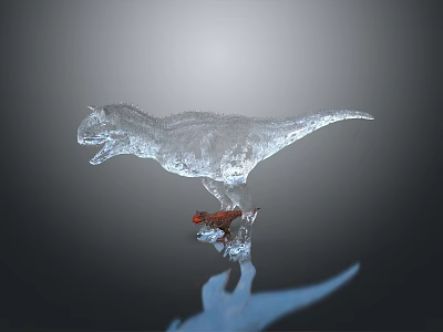 Small Red Character Standing Beside Transparent Dinosaur Figure On Reflective Surface 3d model