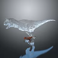 Small Red Character Standing Beside Transparent Dinosaur Figure On Reflective Surface