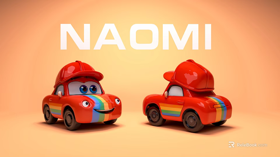 Cute Red Toy Cars With Rainbow Stripes And Red Hat Roof On Orange Background Naomi 3d model 