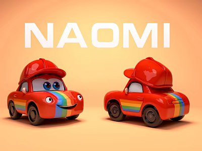 Cute Red Toy Cars With Rainbow Stripes And Red Hat Roof On Orange Background Naomi 3d model