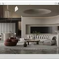Modern Living Room Interior Design With Curved Sofa Coffee Table Green Plant And Circular Ceiling