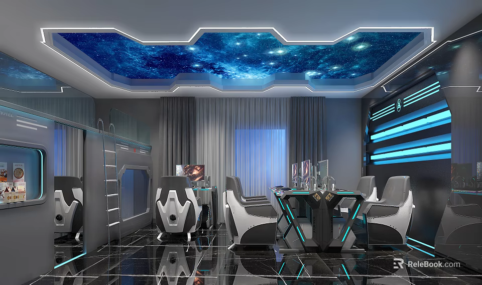 Futuristic Gaming Room Interior Featuring Starry Sky Ceiling Blue Lighting And Gaming Chairs 3d model 