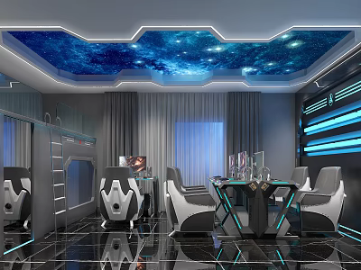 Futuristic Gaming Room Interior Featuring Starry Sky Ceiling Blue Lighting And Gaming Chairs 3d model
