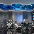 Futuristic Gaming Room Interior Featuring Starry Sky Ceiling Blue Lighting And Gaming Chairs