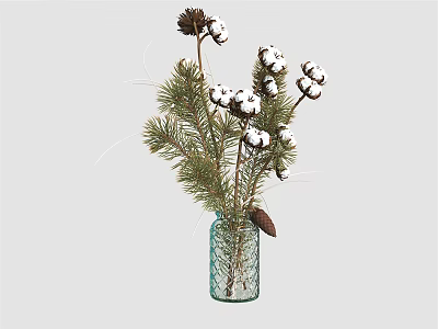 Blue Glass Vase with Textured Design Holding Pine Needles Cotton Like Flowers and Brown Cones 3d model