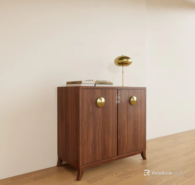 Walnut Decorative Cabinet With Golden Round Knobs And Books On Top Near Light Wall 3d model