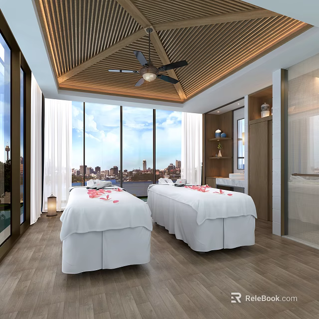 SPA Sauna Interior Featuring Two Massage Beds White Sheets Flower Petals And City View 3d model 
