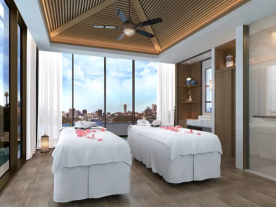 SPA Sauna Interior Featuring Two Massage Beds White Sheets Flower Petals And City View 3d model