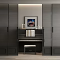 Black Sliding Doors in Modern Interior with Piano Sheet Music Wall Art and Wooden Flooring