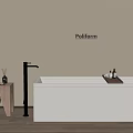 Modern White Bathtub with Poliform Logo Wooden Side Table and Faucet on Wooden Floor
