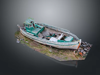 Vintage Wooden Boat With Green Cabin Beached on Shore Surrounded by Stones and Grass 3d model