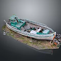 Vintage Wooden Boat With Green Cabin Beached on Shore Surrounded by Stones and Grass