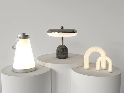 Modern Table Lamps with Cone Shaped Stone Base and Arch Designs on White Pedestals 3d model