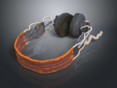 Vintage Audio Headphones With Orange Leather Headband And Gray Ear Cushions 3d model