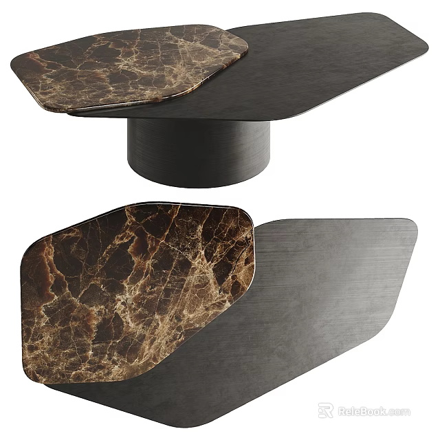 Elegant Modern Sofa Coffee Table Set With Brown Marble Top And Black Pedestal 3d model