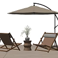 Beige Wooden Folding Outdoor Chairs With Side Table Vase And Cantilever Umbrella