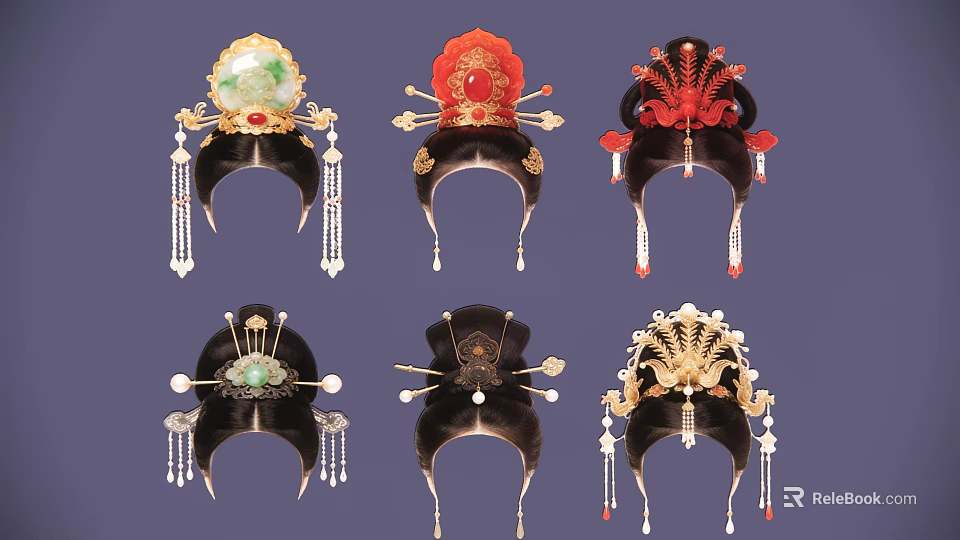 Traditional Chinese Hair Accessories with Ornate Designs Gemstones and Tassel Decorations 3d model 