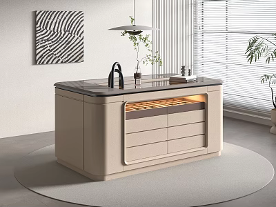 Modern Beige Bathroom Vanity With Black Countertop LED Light Drawers Wall Art And Plants 3d model
