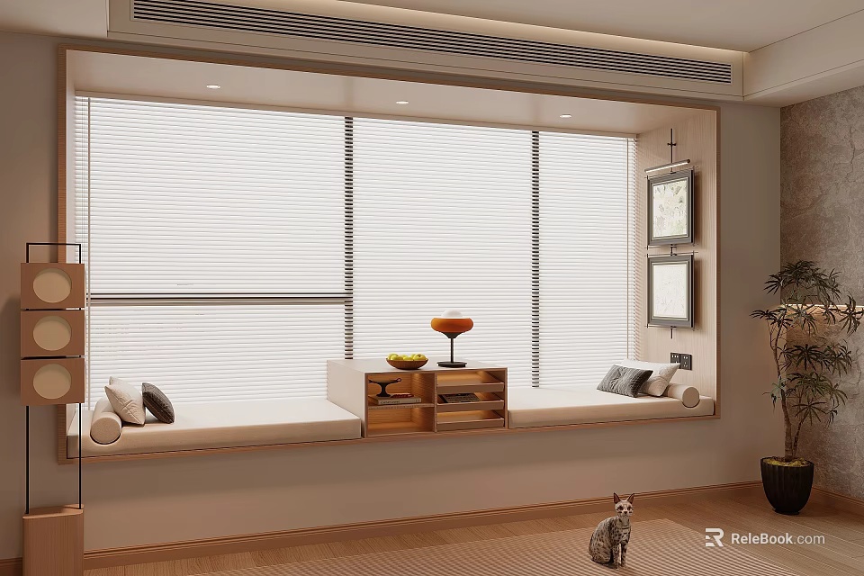 Cozy Bay Window With Cushions Blinds Small Table Fruits And Wall Art In Modern Interior 3d model 