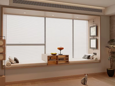 Cozy Bay Window With Cushions Blinds Small Table Fruits And Wall Art In Modern Interior 3d model