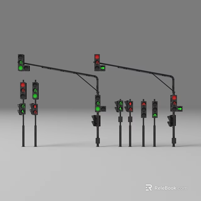 Multiple Traffic Lights With Green Signals On Metal Poles Against Gray Background 3d model 