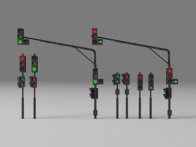 Multiple Traffic Lights With Green Signals On Metal Poles Against Gray Background 3d model