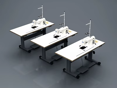 Three Smart Sewing Machines On Worktables With Overhead Lights In Workspace 3d model