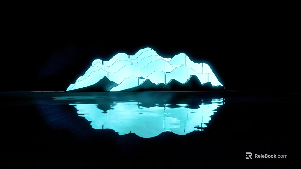 Illuminated Blue Mountain Shaped Garden Ornament With Water Reflection In Dark Background 3d model 